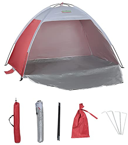 Unibos Large Pop Up Beach Tent for (2-3) Person, Portable Automatic Waterproof Sun Shade Tent Easy Set Up Lightweight Pest Proof UV 50+ Sun Shelter with Extended Zippered Porch (Red)