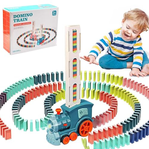 Pipihome Domino Zug Spielzeug Set, Domino Baustein Zug Set mit 120 Stück Domino Blöcken, Automatischer Dominosteine Zug Spiel, Elektrischer Zug Domino Spielzeug für Jungen Mädchen