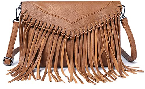 Lytosmoo Vintage Fringe Purse Fringe Hobo Bags for Women Vegan Leather Tassel Hippie Crossbody Bag 02-Brown