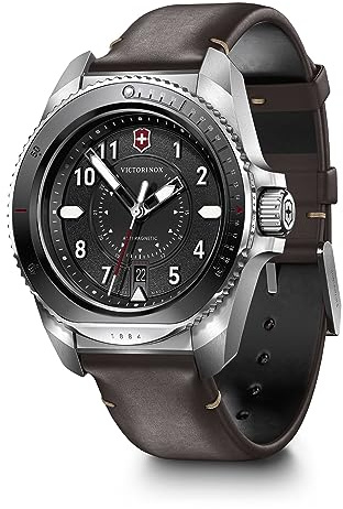 Victorinox Journey 1884 Watch with Black Dial and Brown Leather Strap Set with Pouch, Black, 43 mm