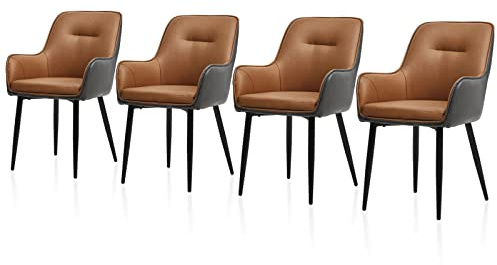 TUKAILAI Esszimmerstühle 4er Set mit Armlehne, Kunstleder Braun und Grau | Polsterstuhl mit gepolstertem Sitz und ergonomischer Rückenlehne, bis 150 kg belastbar, Metallbeine für Küche und Esszimmer