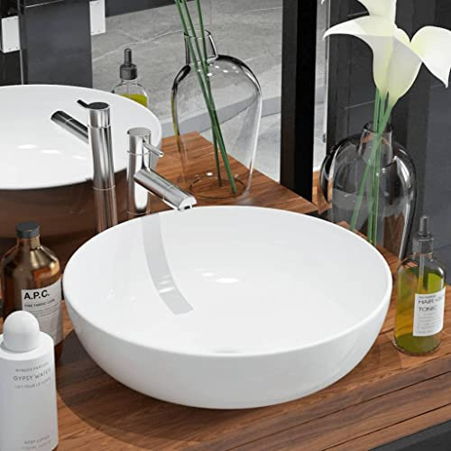 WIFESE Lavandino Tondo in Ceramica Bianca Lavabo Da Appoggio Lavatoio Ceramica Lavandino Bagno Da Appoggio Lavabo Bagno Lavabo Lavanderia Lavabo Da Esterno Lavabo Bagno Da Appoggio 41,5x41,5x13,5 cm