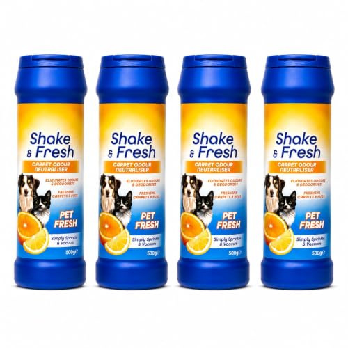 4 Pet Shake & Fresh Carpet Freshener Powder - Pet Fresh Citrus Scented - Rug, Mat & Carpet Odour Neutraliser & Eliminator - Carpet Fresh 500g