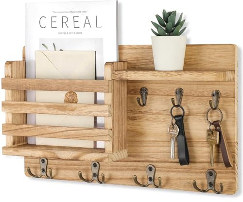 Nekon Briefhalter für Wandbrief-Organizer mit Schlüsselhaken, Flur, Bauernhaus-Dekoration, Briefsortierer mit schwebendem Regal (42 x 25 x 8,1 cm) (Holz)