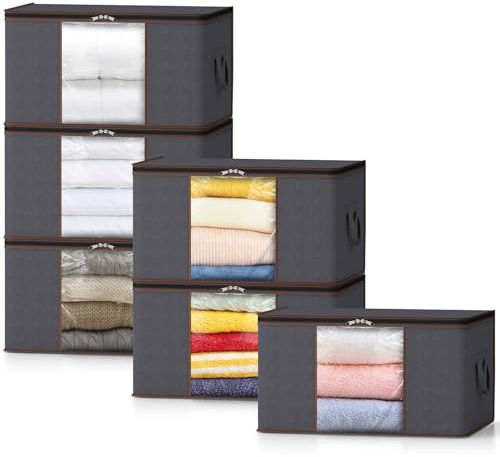 Lifewit Förvaringslåda med Förstärkta Handtag, Klädförvaring med Transparent Fönster, Vikbar Förvaring under Säng, Garderobsorganisatör, Storage Box, Grå, 75 L, 6-Pack