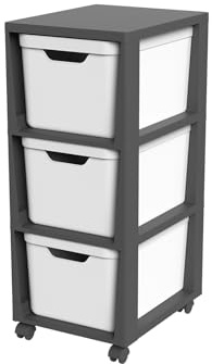 Rotho Jive Schubladenbox 3 x 16 L Rollcontainer mit Schubladen Schwarz Weiß | Ausziehbare Schublade beidseitig entnehmbar, Schubladenboxen mit 3 Fächern, 360° Rollen für Küche, Bad und Kinderzimmer