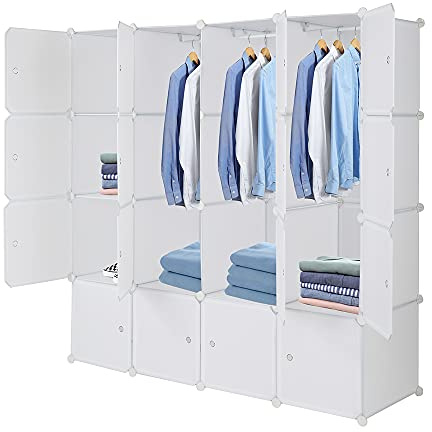 TactFire Kleiderschrank aus Kunststoff, 16 Würfel, Modulare Kleiderschränke für Platzsparendes, Kinderkleiderschrank, Garderobenschrank, Aufbewahrung von Kleidung, Schuhen, 140 x 45 x 140 cm, Weiße