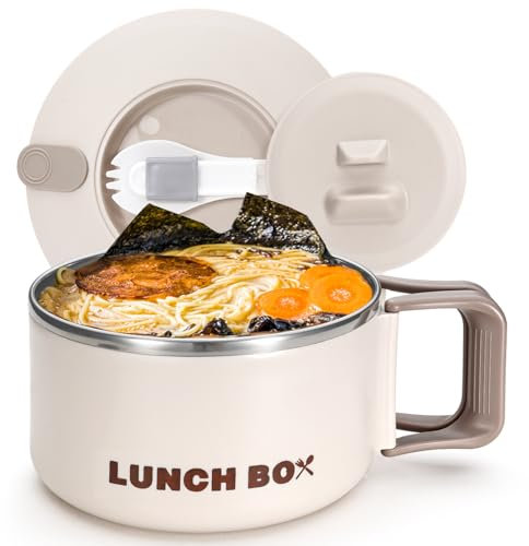 Roucerlin Microwave Ramen Bowl with Lid and Handle, 40.5 Oz Stainless Steel Liner Microwavable Soup Noodle Bowls, Instant Ramen Cooker Microwave Container for Office College Dorm (Beige)