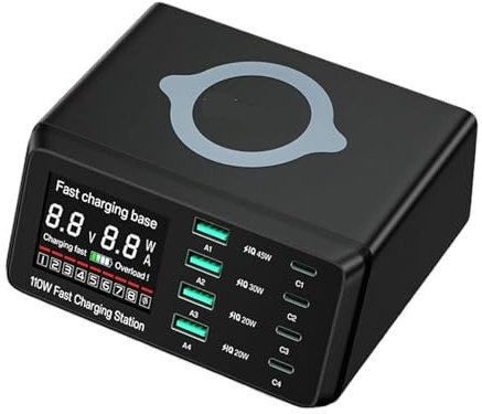 USB Charging Station 110W USB Type C Charger Wireless Charing Multi Ports Fast Phone Charger PD QC3.0 Quick Charge(Size:Black)