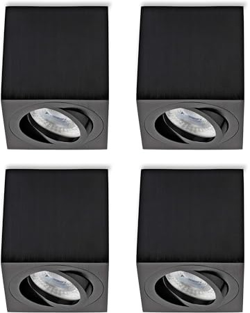 Sweet Led Aufbauspot GU10 eckig 4er Set – Spots Deckenleuchte schwenkbar schwarz gebürstet, Aufbaustrahler inkl. LED 7W 3000K warmweiß, Deckenspots Aufputz aus Aluminium 230V