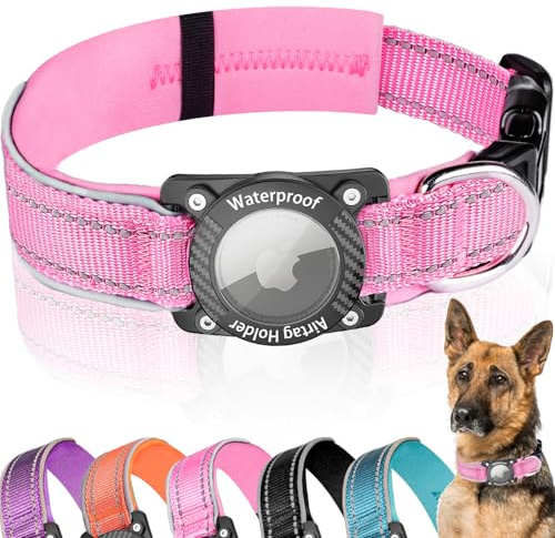 AgoumLux Airtag-hundhalsband för hundar, vattentätt, Airtag-stöd, reflekterande, mjukt vadderat hundhalsband för små, medelstora och stora hundar, rosa, storlek M