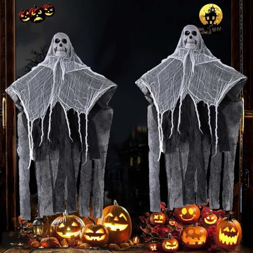 VIDSTW Hängender Geisterschadel Halloween Deko Outdoor Skelett 60 x 85 cm | Halloween Deko Skelett Groß 2 Stück Hängende Gruselige Skelette für Die Dekoration Von Garten Freiluft-Spukhäusern