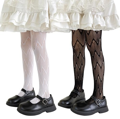 LOLANTA 2 par mönstrade fisknätstrumpbyxor för flickor, urholkade spetsstrumpbyxor för halloween cosplay-fest, 3-12 år, Svart våg + vit våg, 5-8 Years