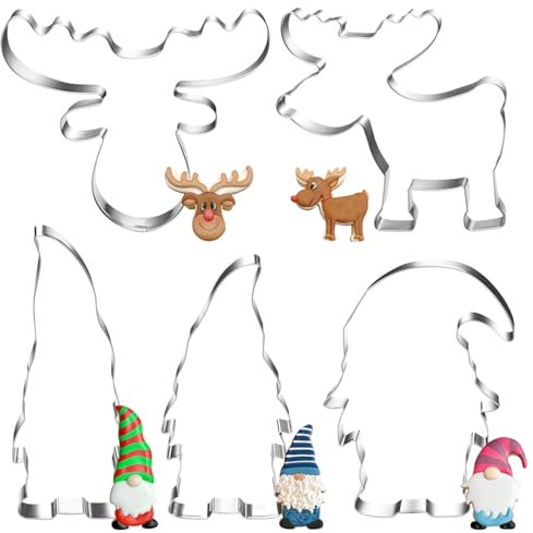 5 Stück Ausstechformen Weihnachten, Wichtel Ausstecher Groß, Elch und Elchkopf Keksausstecher Edelstahl, Plätzchenausstecher Weihnachten, für Torten Fondant Kekse Backen