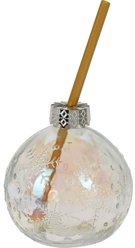 Iridescent Bauble Shaped Christmas Glass Jar with Straw | Festive Clear Drinkware Ornament | Novelty Holiday Drinking Cup