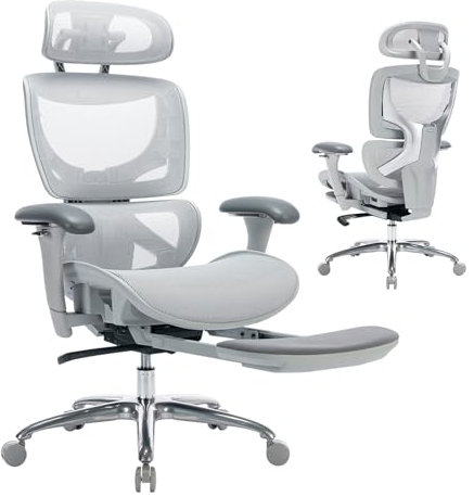 COLAMY Ergonomischer Mesh-Bürostuhl mit Fußstütze, Chefsessel mit hoher Rückenlehne und Verstellbarer Kopfstütze, 3D-Arme und Rückenlehne, Grau