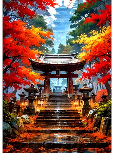 DPHERO DIY Japanische Architektur Diamant Painting Kits Bilder für Erwachsene Anfänger,5D Wald Diamond Painting Set,DIY Runde Steine Diamant Kunst Kits, Baum Diamant Art für Zuhause Dekor 30x40 cm