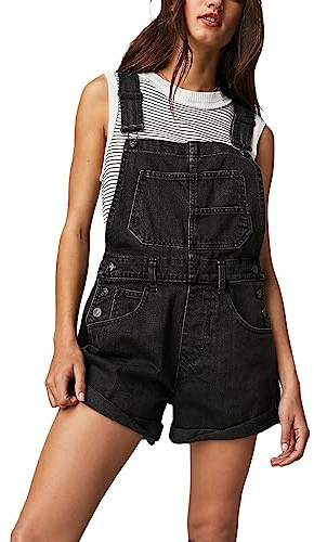 LYSINK Women Denim Bib Overalls Adjustable Straps Pocket Romper Shorts Casual Straight Leg Rolled Cuff Shortalls Romper