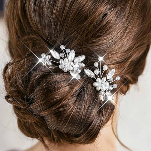 Evlry Perlen Braut Hochzeit Haarnadeln Silber Blume Haarschmuck Haarteil Kristall Haarspangen für Frauen und Mädchen (2 Stück)