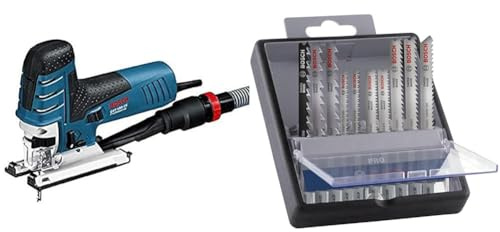 Bosch Professional Stichsäge GST 150 CE,0601512008 + 10x PRO Hardwood and Laminate Stichsägeblatt-Set, 10-tlg. (für Hartholz, Parkett, Länge 83 mm, Professional Zubehör Stichsäge)