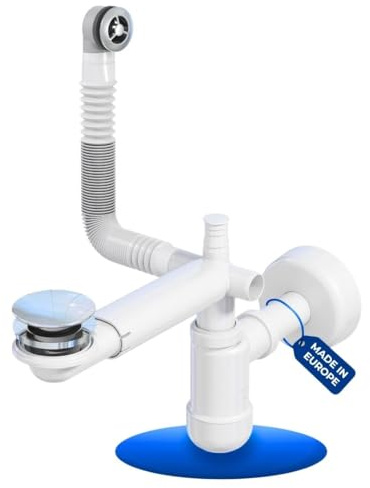 LAXARA Telescopic Siphon for Sink - 1 1/4 Inch Space-Saving Siphon Washbasin Made of White Plastic - Siphon Sink - Horizontal and Vertical Adjustable | (with Pop-Up Drain Fitting + Overflow)