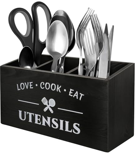 Black Wooden Kitchen Utensil Holder with 3 Compartments – Large Countertop Utensils Holder Box for Cooking Tools, Cutlery Storage Pot, Farmhouse Style Utensil Organiser