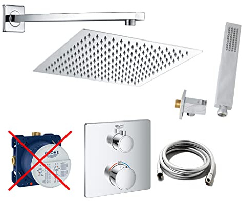 vanvilla Duschsystem Unterputz mit Duscharmatur Grohe poliert G09-ob. V2 | Duscharmatur von Grohe Grohtherm Thermostat Armatur und vanvilla Regendusche Duschkopf eckig, Dusch-SET poliert