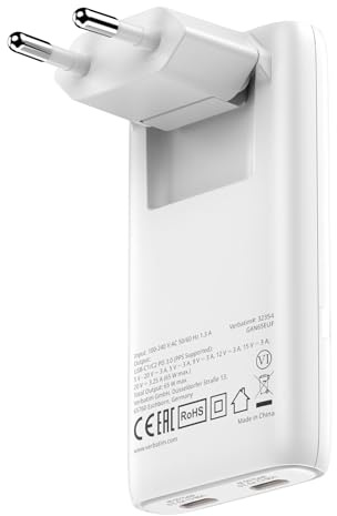 Verbatim Fold 'n' Go GaN Charger 65 W, 2 portar USB-C laddare, vikbar, PD3.0, kompakt, snabbladdare som flera kontakter för Apple MacBook, Notebook, iPad, iPhone 15 – iPhone 17, Samsung, vit