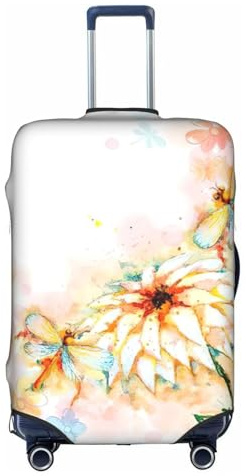 Zcmkjlg Housse de valise élastique avec motif libellules volantes et fleurs de lys pour voyage, voyages d'affaires, poussière avec trous de poignée, grande housse de valise, blanc, S