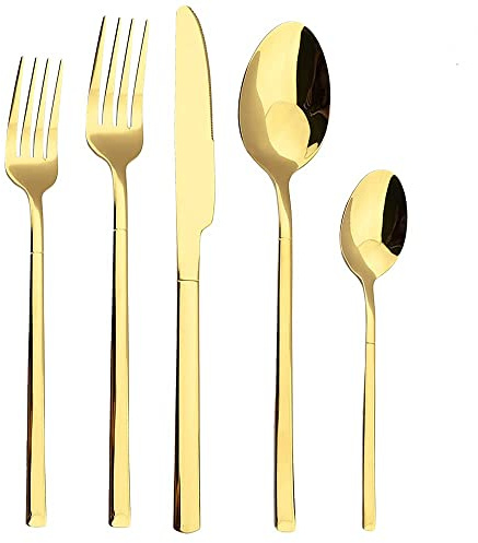Couverts en acier inoxydable, Ensemble de couverts 5 pièces en acier inoxydable - Service table élégant noir et or for 6 personnes | Vaisselle cuisine avec couteau, fourchette cuillère