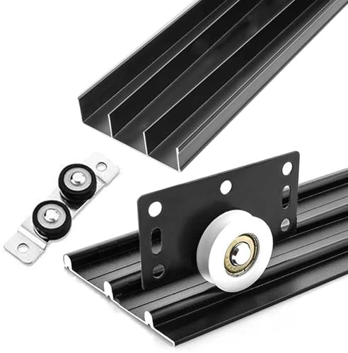 Kit de quincaillerie pour porte coulissante triple rail réglable, système à 3 panneaux, rails en aluminium durable, montage encastré pour portes d'armoire et de placard, noir, 150 cm