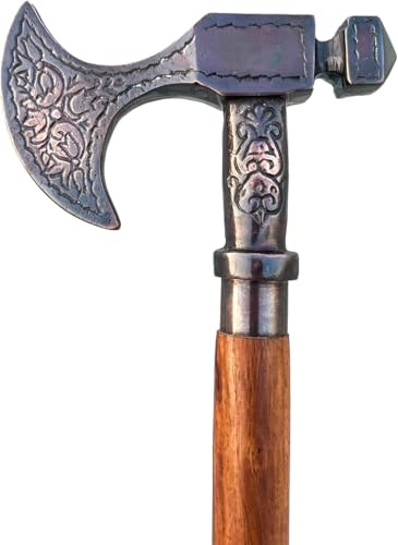 Viking Axe Walking Stick, Carved Wooden Cane with Antique Handle, Brown Wood Foldable for Men and Women Gift.