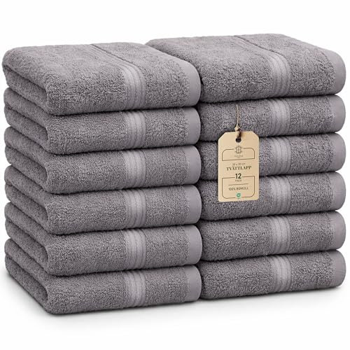 HomeBurg Luxe set med 12 tvättlappar – 100% bomull, mjuka och absorberande, lättskötta, premium för ansikte, 30×30 cm, Stengrå
