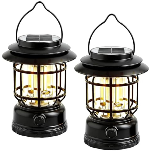 2 Stück LED Campinglampe Solar, Stufenlos Dimmbar Campinglampe Aufladbar USB, Retro LED Camping Laterne Warme Campinglaterne Akku, Tragbar Zeltlampe IPX4 für Notfall, Zelt, Wandern, Garten (Schwarz)