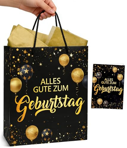 Geschenktüten Geburtstag Schwarz Gold, Geschenktüte mit Geburtstagskarte