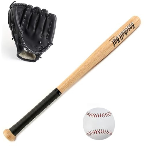 Mazza da baseball in legno da 63 cm, con guanto e palla, set da 3 pezzi, kit per allenamento all'aperto per bambini, ragazzi, principianti
