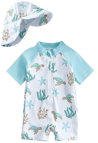 UV Badebekleidung Baby Badeanzug UV Schutz mit Sonnenhut Schutzkleidung Junge Mädchen Badeanzug Neugeborene Kleidung mit Mütze Kleinkind Einteiliger Badebekleidung Schwimmanzug Baby