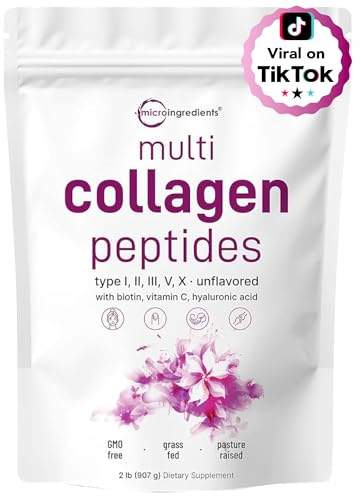 Micro Ingredients Multi Collagen Peptides Powder, 2lb – Hydrolyzed Type I,II,III,V,X with Biotin, Hyaluronic Acid, Vitamin C – Unflavored Collagen for Women & Men, Easy Dissolve, 82 Servings
