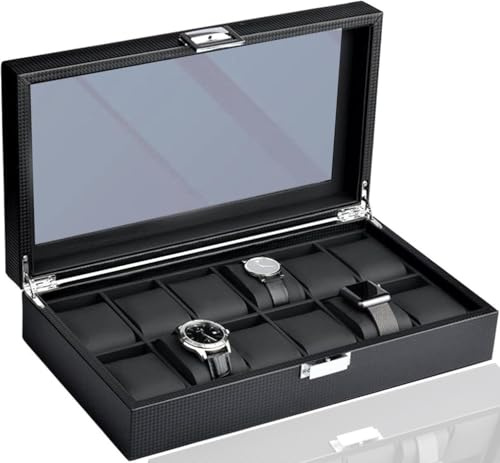Mantello Uhrenbox für Herren – 6 Fächer Luxus Kohlefaser Uhrengehäuse Uhrenbox Organizer für Männer, Geschenke für Ihn, Metallschnalle – Schwarz