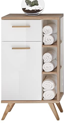 Pelipal Badezimmerschrank Quickset 923 in Weiß Glanz/Riviera Eiche quer Nachbildung, 50,5 cm breit | Unterschrank mit 1 Tür, 1 Schubkasten, 1 seitliches Ablagefach und 2 Glas-Einlegeböden
