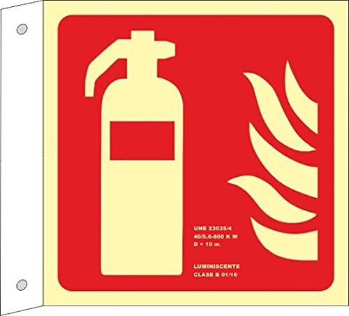 MovilCom® - Señal luminiscente BANDEROLA EXTINTOR PVC 0,7mm Clase B 420X420mm homologado cumple CTE, RIPCI nueva legislación (ref.RD04001)