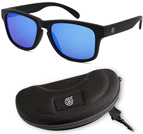 LMAB Schwimmende Polbrille, Polarisationsbrille zum Angeln, Modell Sclera verspiegelt mit Etui und Tasche, Farbe Black/Sky Blue Revo 84