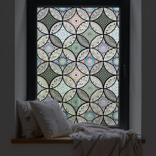 Dktie Film décoratif, pour protection visuel, intimité, fenêtre vitrail, verre dépoli, motif de cercles, à adhérence statique, noir, 60 x 200 cm