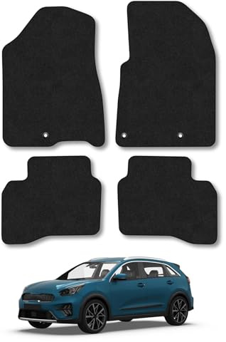 Car Mats Compatible with Kia Niro Hybrid (2016-2022) [HEV] Black Carpet Tailored Fit Car Floor Mats Set Accessory Water-Resistant Anti Slip Backing All Weather Full Coverage With Clips Hand-Finished