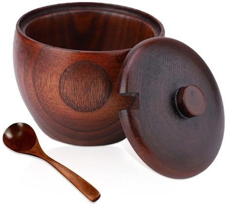 HERCHR Solid Wooden Salt Box, Salt Pot with Lid and Spoon, Spice Seasoning Box Sugar Bowl Pepper Seasoning Container Holder Keeper Kitchen Tool for Sugar, Salt, Sauce, Vinegar, 3.2 * 3.5in