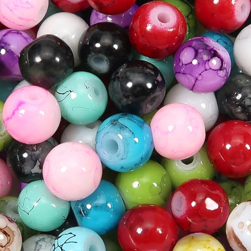 TOAOB 100 st färgglada glaspärlor marmoreffekt 10 mm rund för gör-det-själv-smycken, armband, halsband hantverk