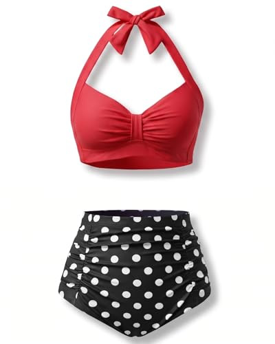 Holipick Women's Retro Halter Bikini Red Black Polka High Waisted Vintage Swimsuits Tummy Control Two Piece Bathing Suits XL