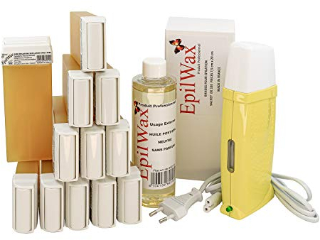 EpilWax Royal Complete Epilation Kit mit: Professionellem Wachswärmer,12 Roll-On Wachs 100 ml Honig 100 Epilationsstreifen, 1 Flasche 250 ml Öl nach der Epilation - (Royal Serie Honig 12)