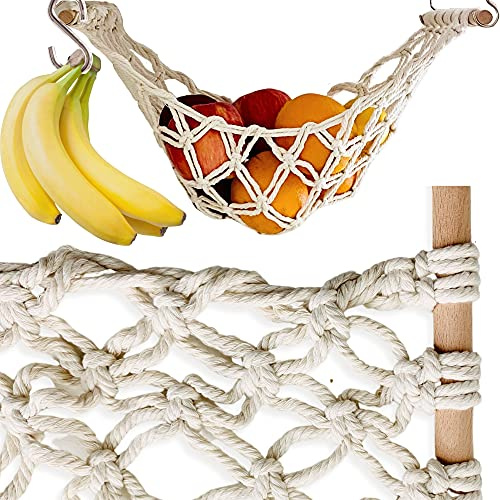 Obsthängematte – Hängekorb für Obst – Produkt- und Gemüseaufbewahrung für Küche unter Schrank – Bananenhaken – Makramee Boho Modern (Natur)