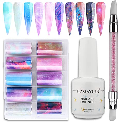 GZMAYUEN Folie Transfer Nagel mit Transferfolie Marmor Nägel Sticker Nail Art Foil Set 15ML Transferfolien Nagelkleber Nail Foil Glue Transfer Foil Nagel Stickers NagelFolien Kleber Gel Set
